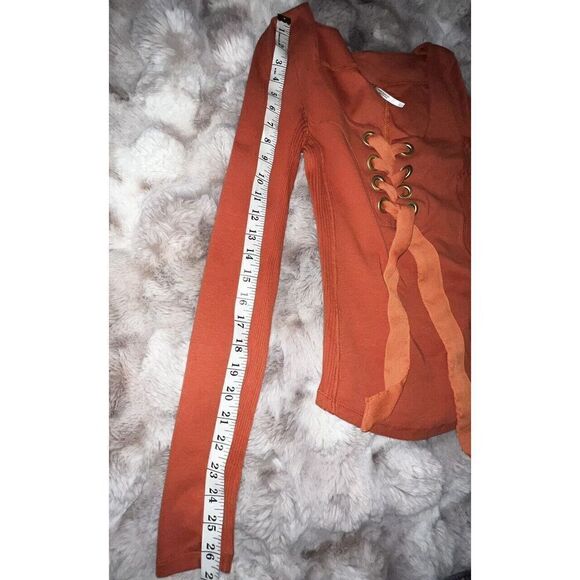 Free People Burnt Orange Lace Up Satin Ribbon Front Long Sleeve Top, Size Xsmall - Picture 12 of 13